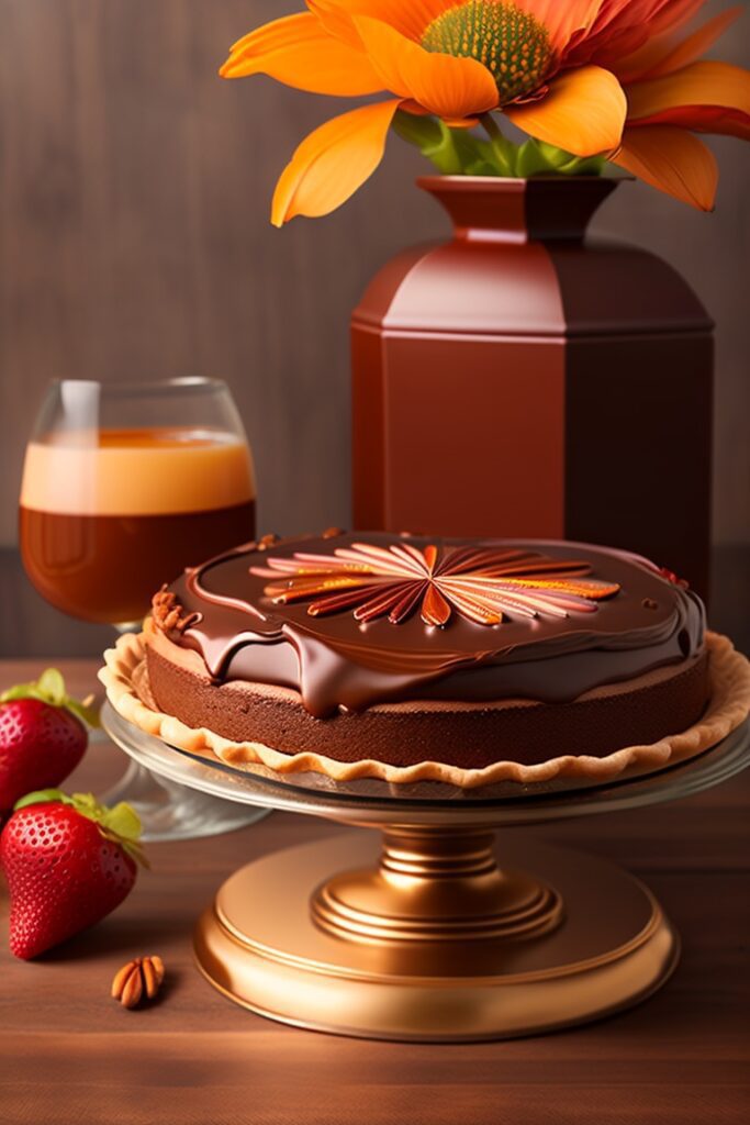 A chocolate pecan pie arrangement on a wooden cutting board. The pie is covered in a lattice crust and is filled with a rich chocolate pecan filling. The pie is surrounded by a variety of chocolate and pecan desserts, including chocolate-covered pecans, chocolate-covered strawberries, and pecan pralines.