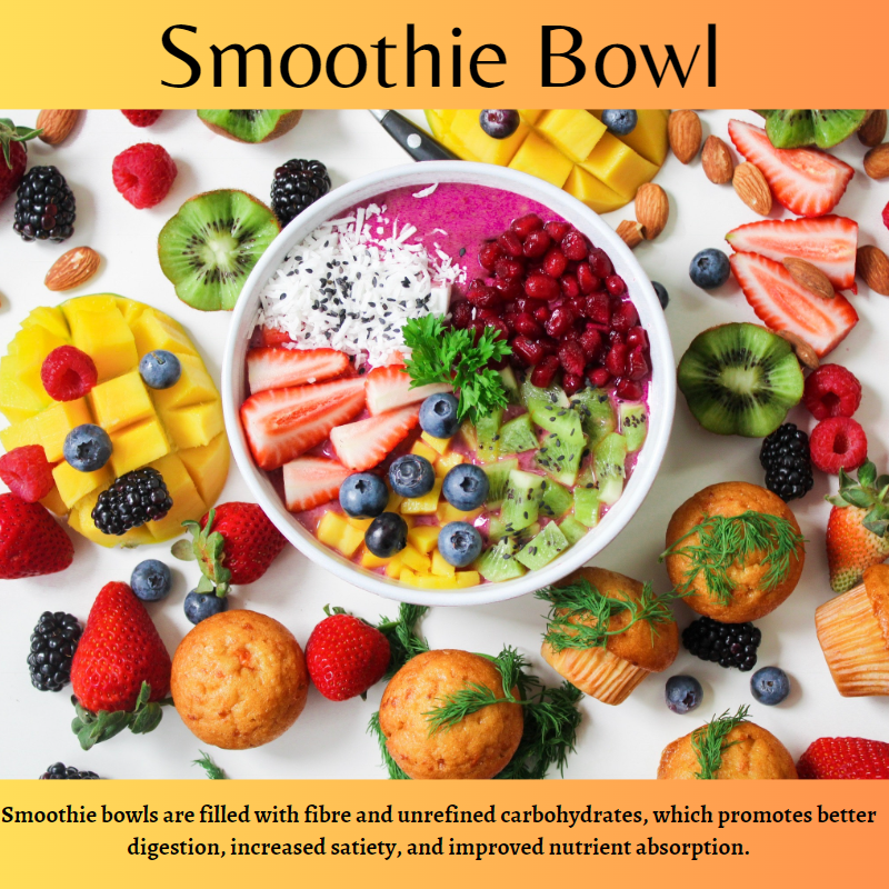  A photo of a smoothie bowl with a variety of toppings, including granola, fruit, and nuts
