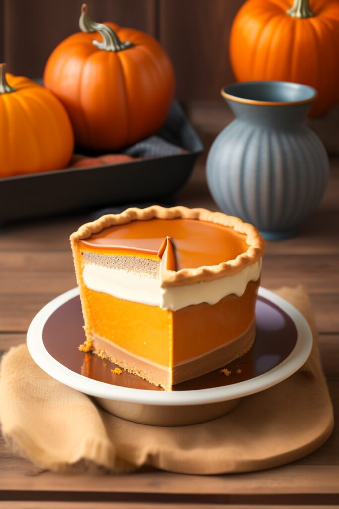 A slice of pumpkin pie with a flaky crust and a golden brown top. The filling is a rich, creamy pumpkin custard with hints of cinnamon, nutmeg, and ginger.